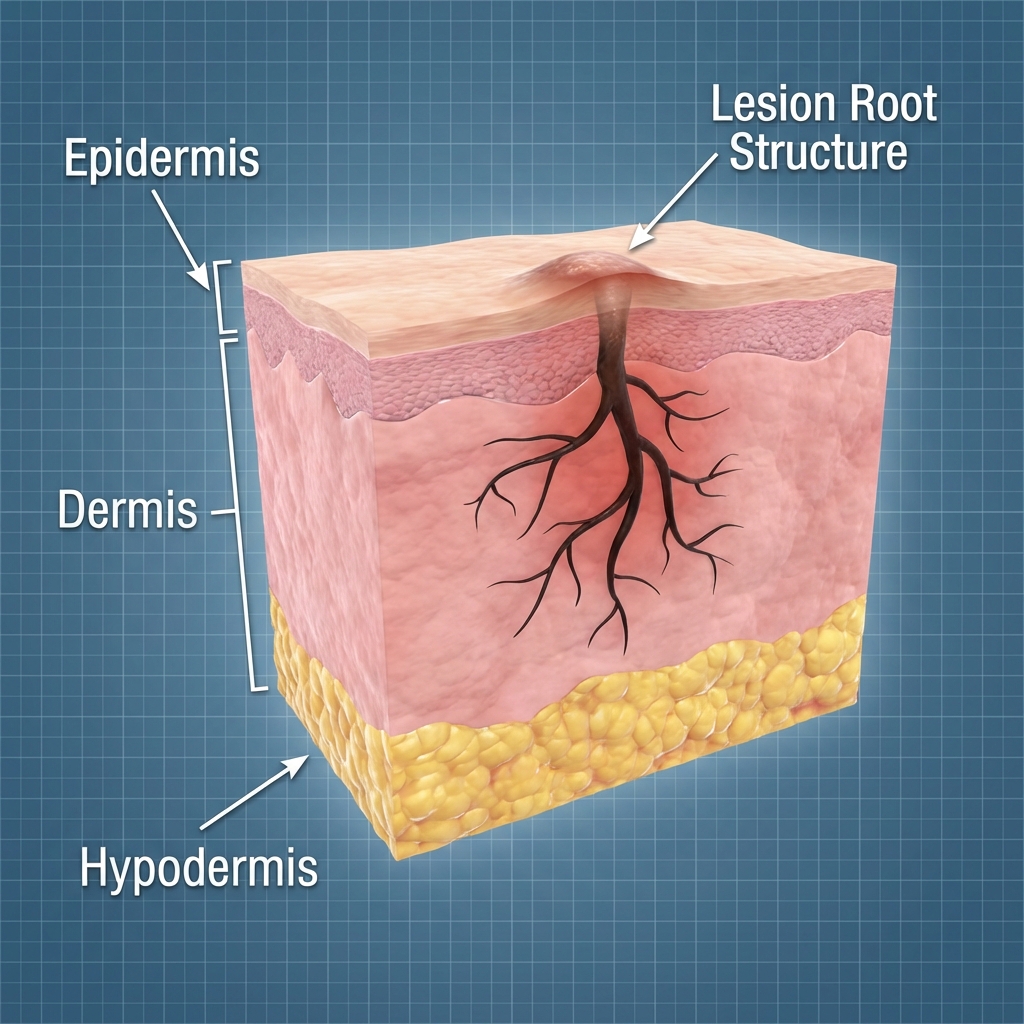 Cấu trúc chân bớt sùi ăn sâu hạ bì